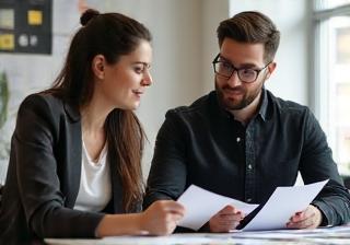 Talent manager and actor reviewing portfolio